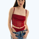 SATIN MESH CORSET TOP CHERRY RED