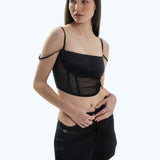 SATIN MESH CORSET TOP BLACK