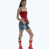 SATIN MESH CORSET TOP CHERRY RED